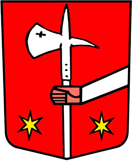 In Rot ein aus dem linken Schildrand hervorbrechender silbernbekleideter Rechtarm, eine aus dem Schildfuss emporsteigende silberne Hellebarde haltend unten beseitet von 2 sechsstrahligen goldenen Sternen